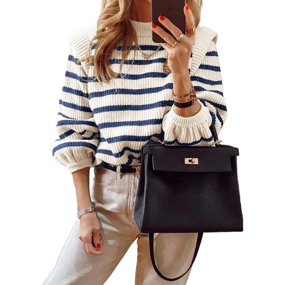 Prettygarden striped sweater with ruffles Size Large - Picture 2 of 8